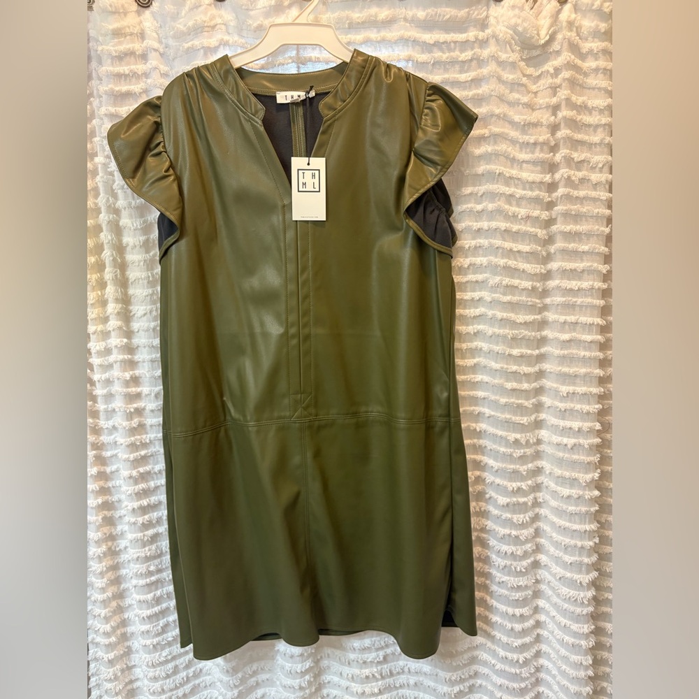 THML Olive Faux Leather Dress with Ruffles